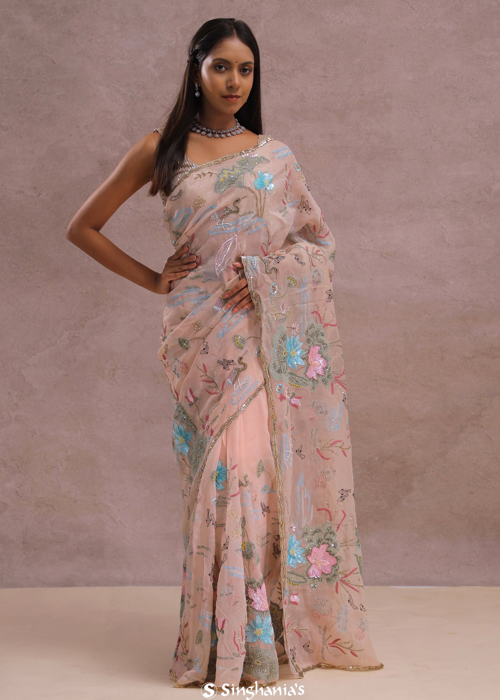 Salmon Pink Soft Organza Saree With Embroidery Work