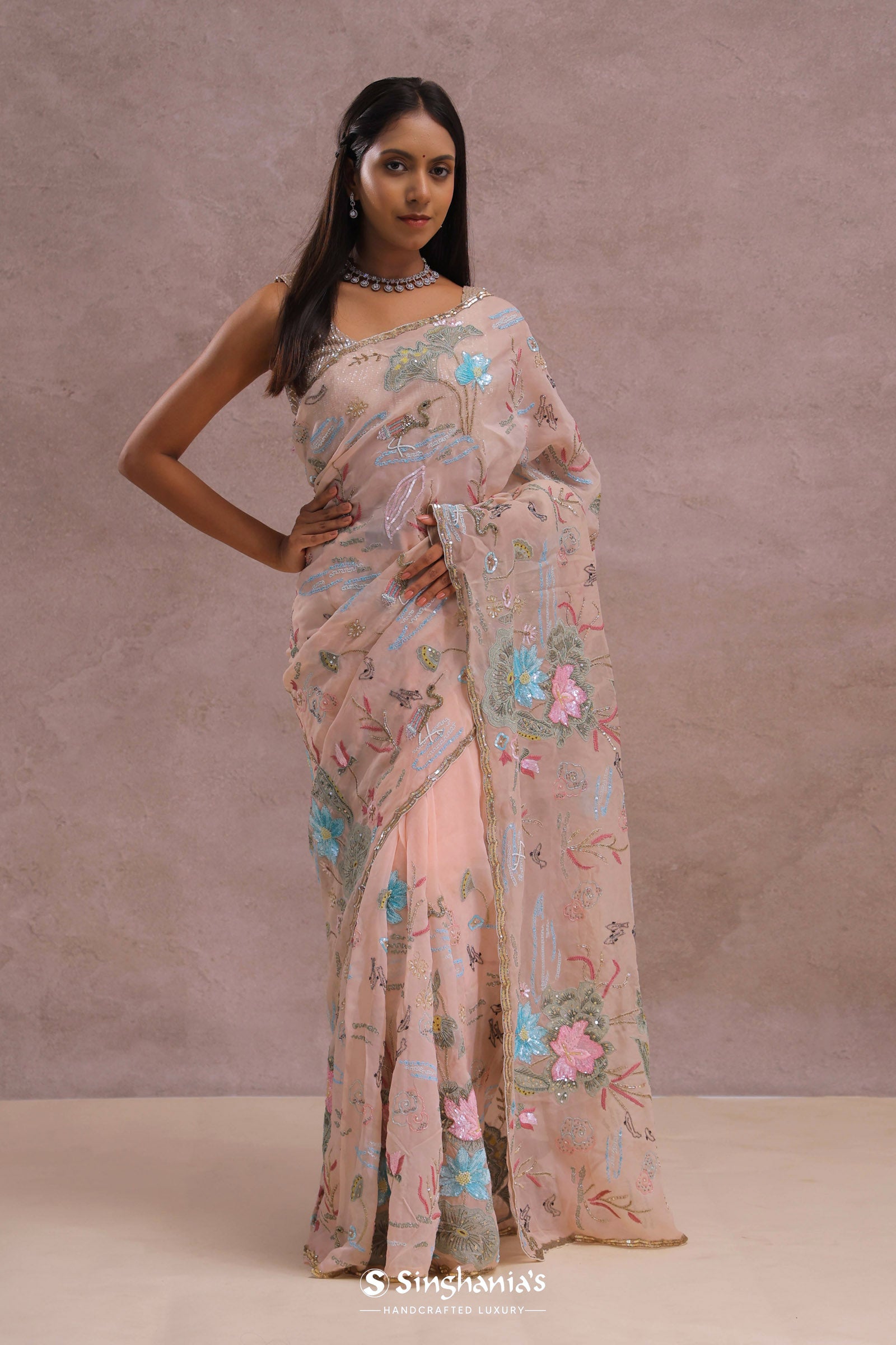 Salmon Pink Soft Organza Saree With Embroidery Work