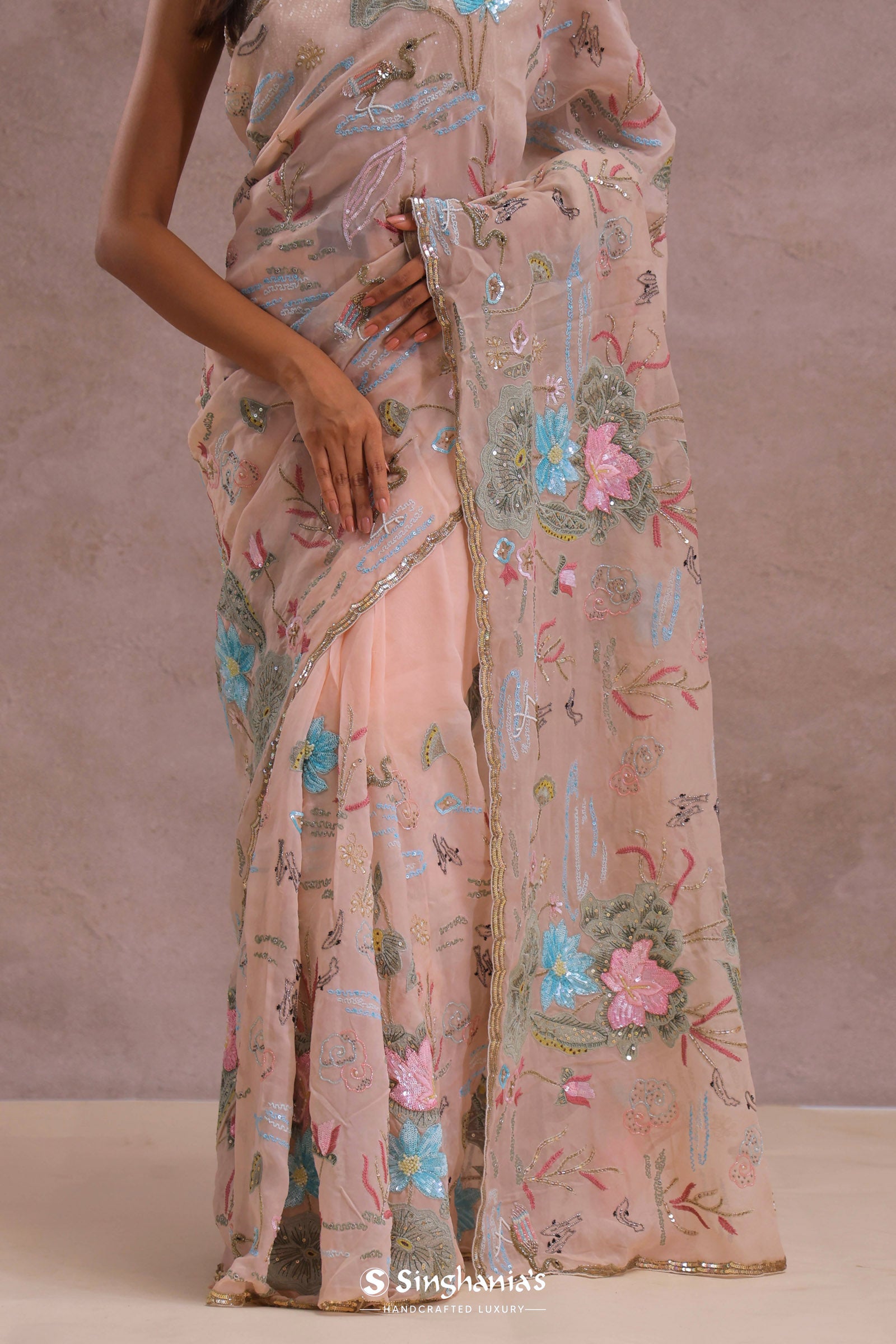 Salmon Pink Soft Organza Saree With Embroidery Work