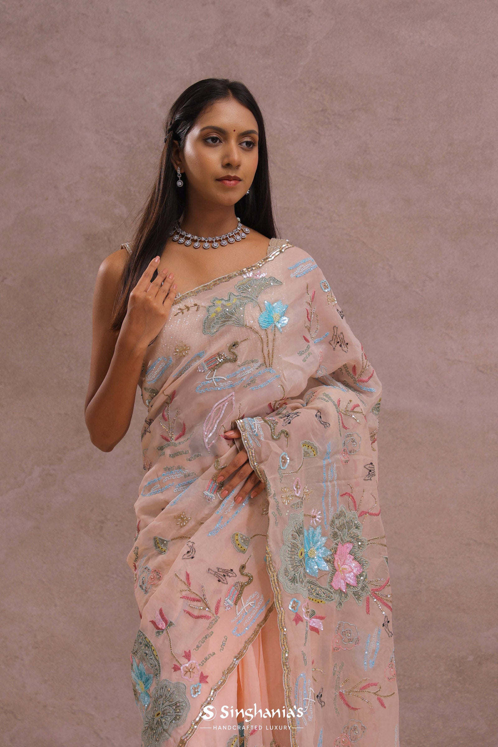 Salmon Pink Soft Organza Saree With Embroidery Work