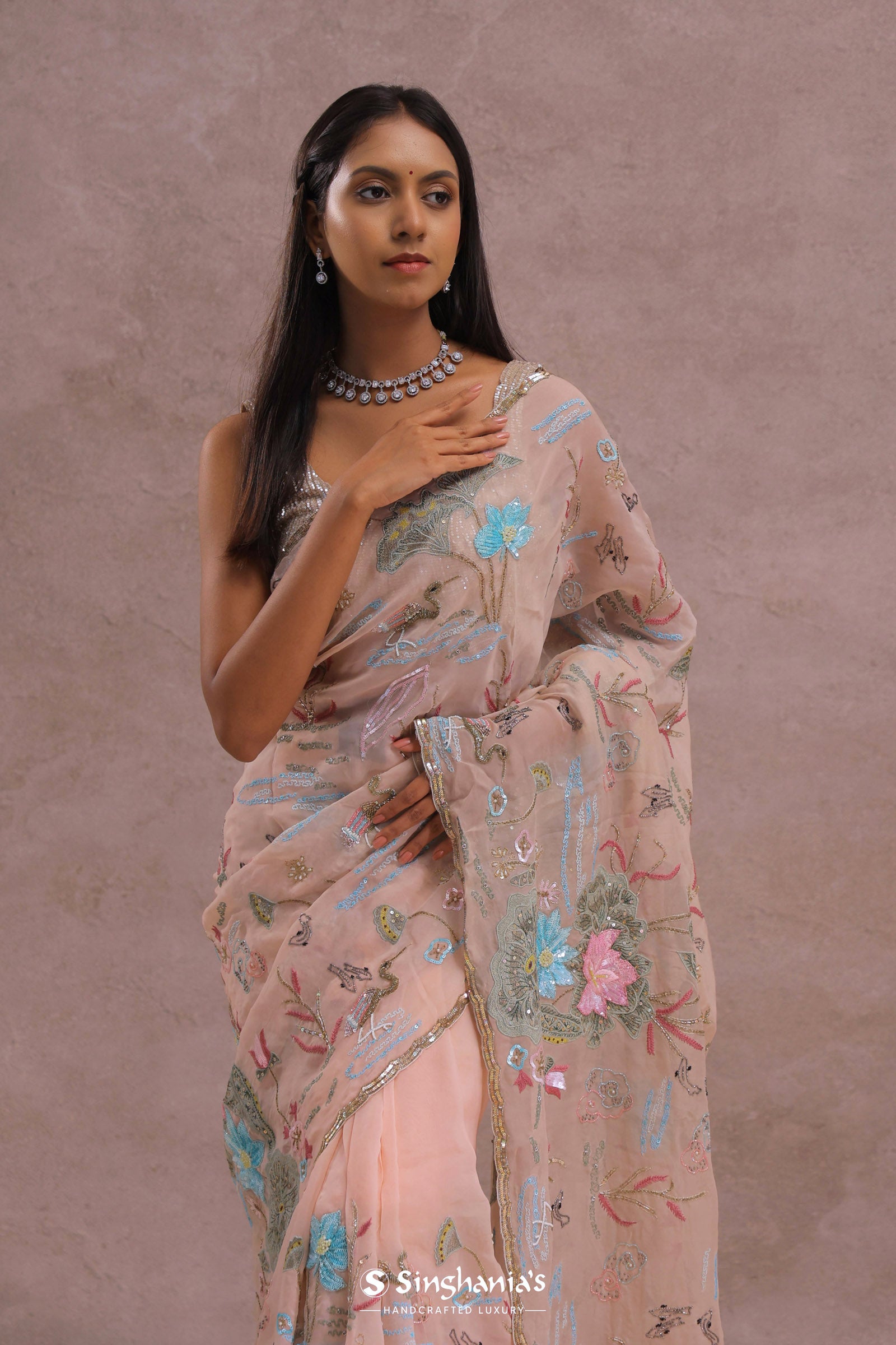 Salmon Pink Soft Organza Saree With Embroidery Work