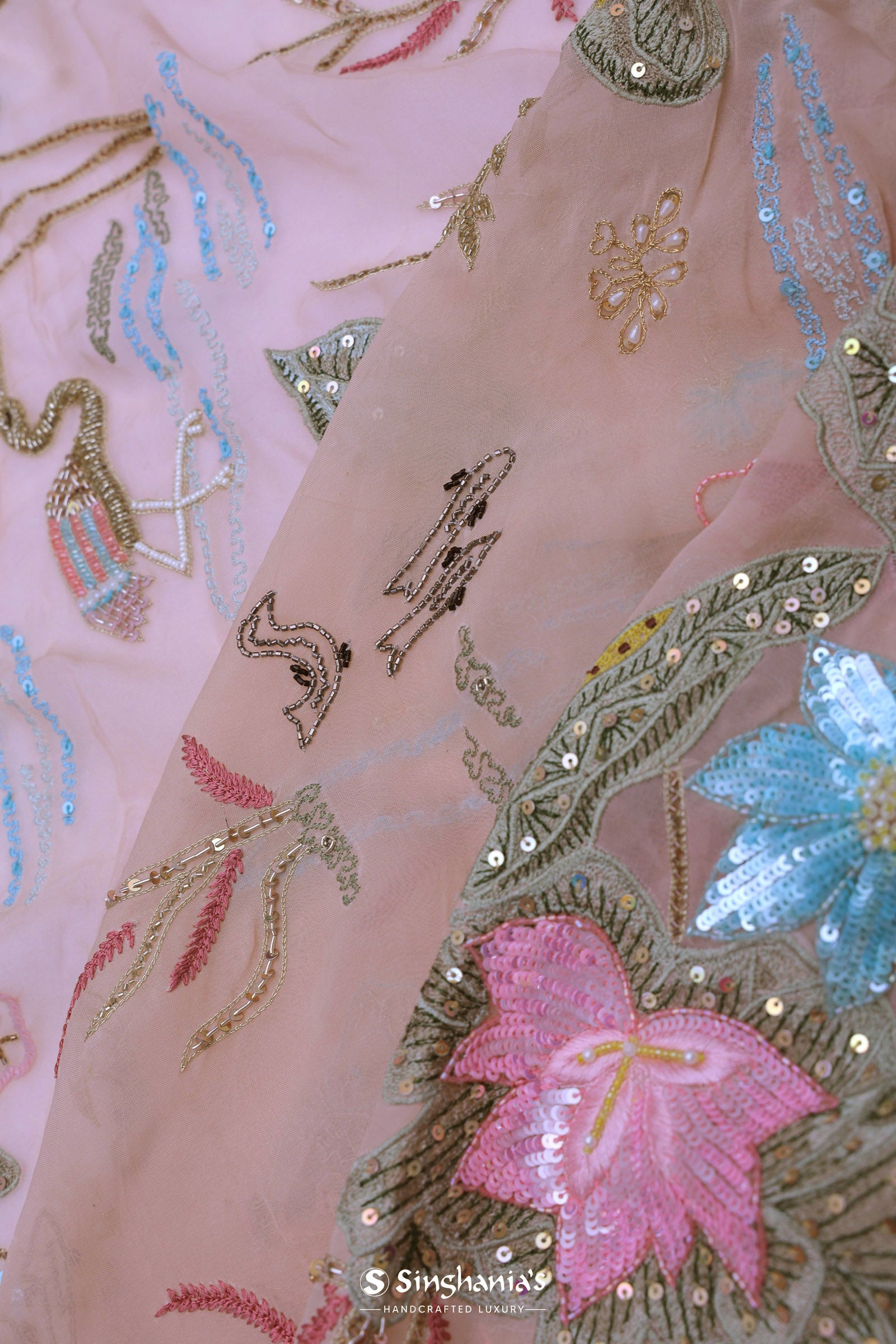 Salmon Pink Soft Organza Saree With Embroidery Work