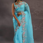 Sky Blue Organza Embroidery Saree With Floral Border