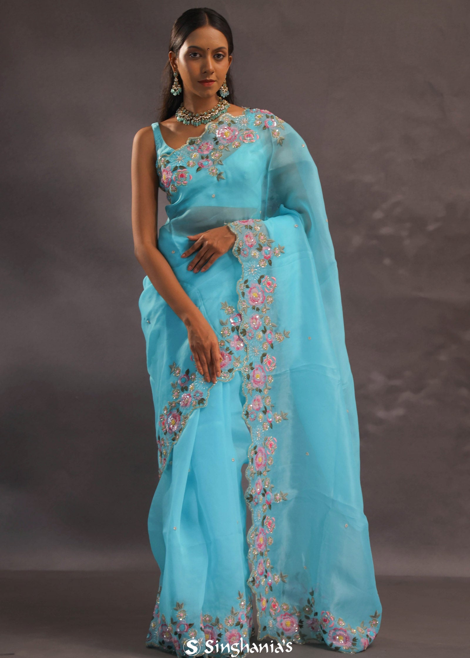 Sky Blue Organza Embroidery Saree With Floral Border