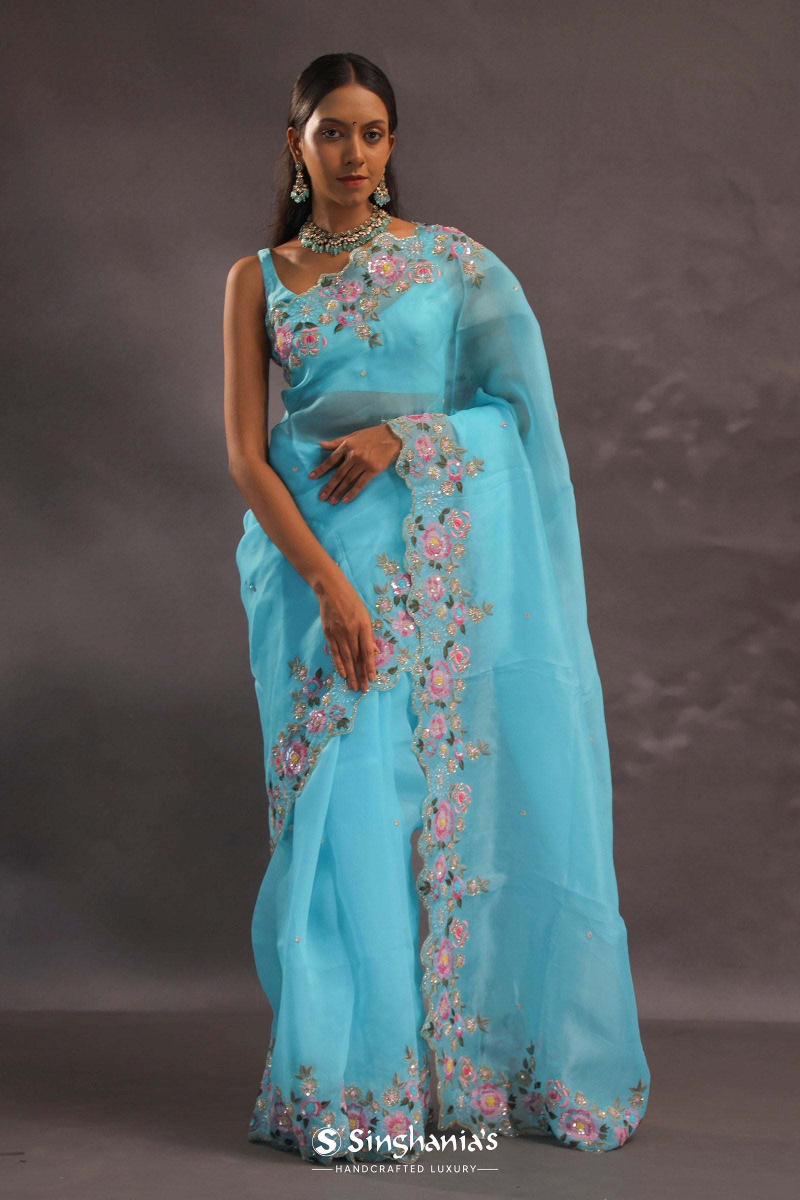 Sky Blue Organza Embroidery Saree With Floral Border