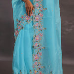 Sky Blue Organza Embroidery Saree With Floral Border