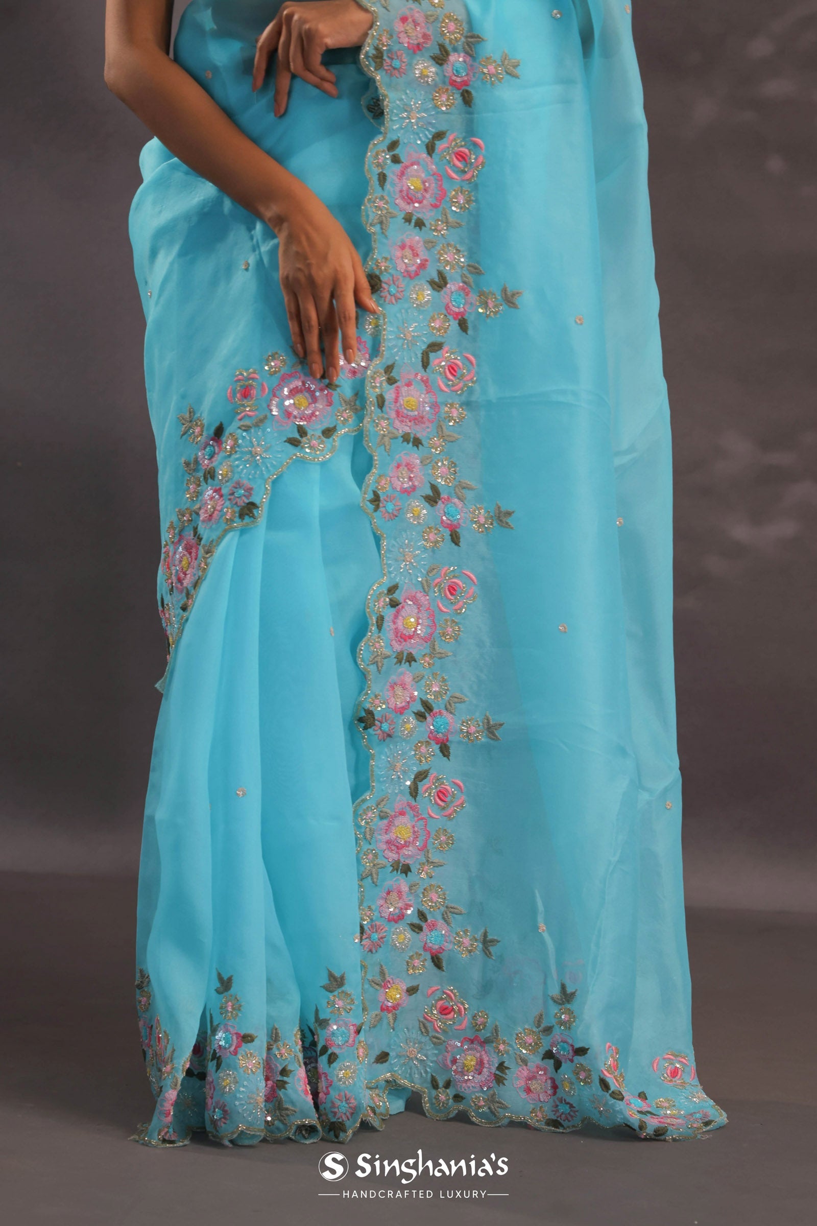 Sky Blue Organza Embroidery Saree With Floral Border