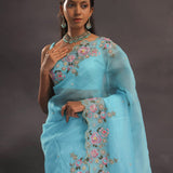 Sky Blue Organza Embroidery Saree With Floral Border