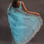 Sky Blue Organza Embroidery Saree With Floral Border