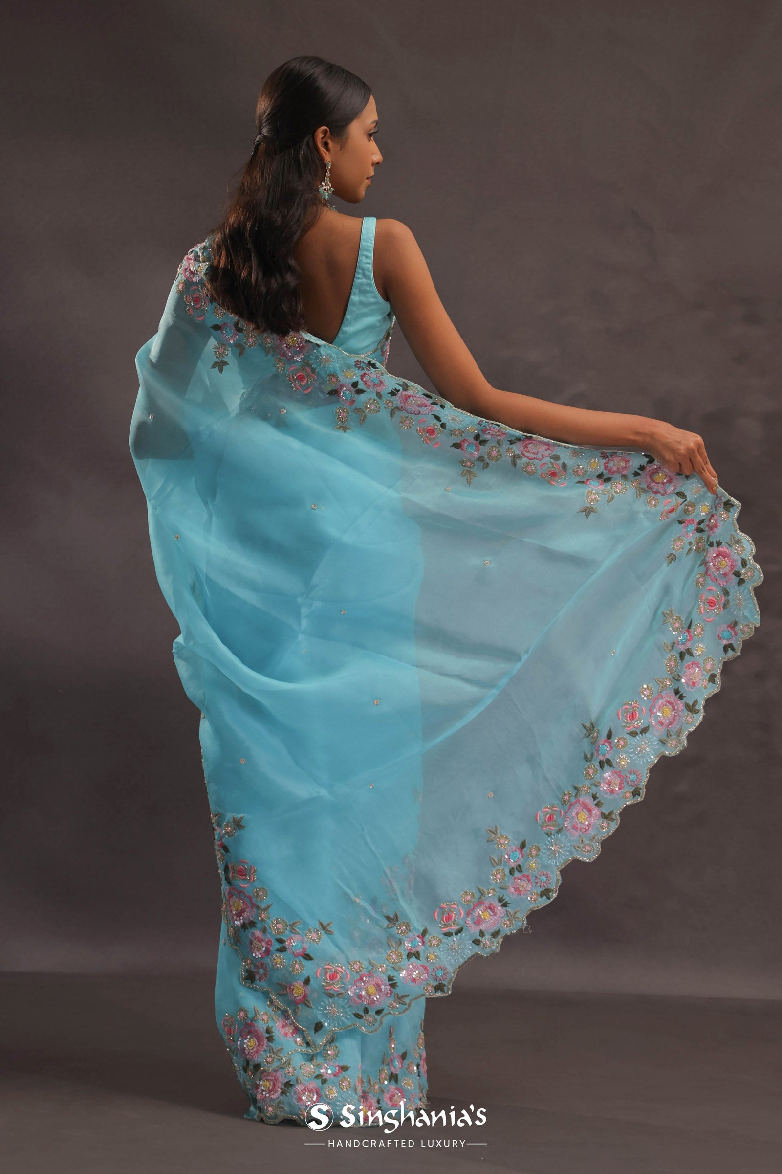 Sky Blue Organza Embroidery Saree With Floral Border