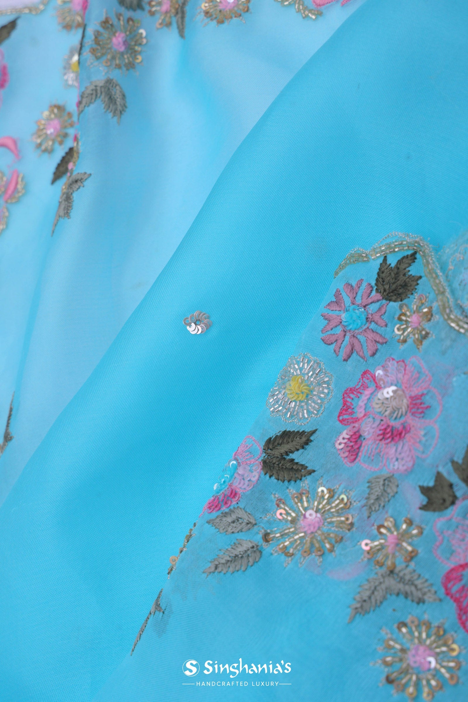 Sky Blue Organza Embroidery Saree With Floral Border