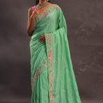 Mint Green Organza Embroidery Saree With With Floral Border