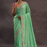 Mint Green Organza Embroidery Saree With With Floral Border