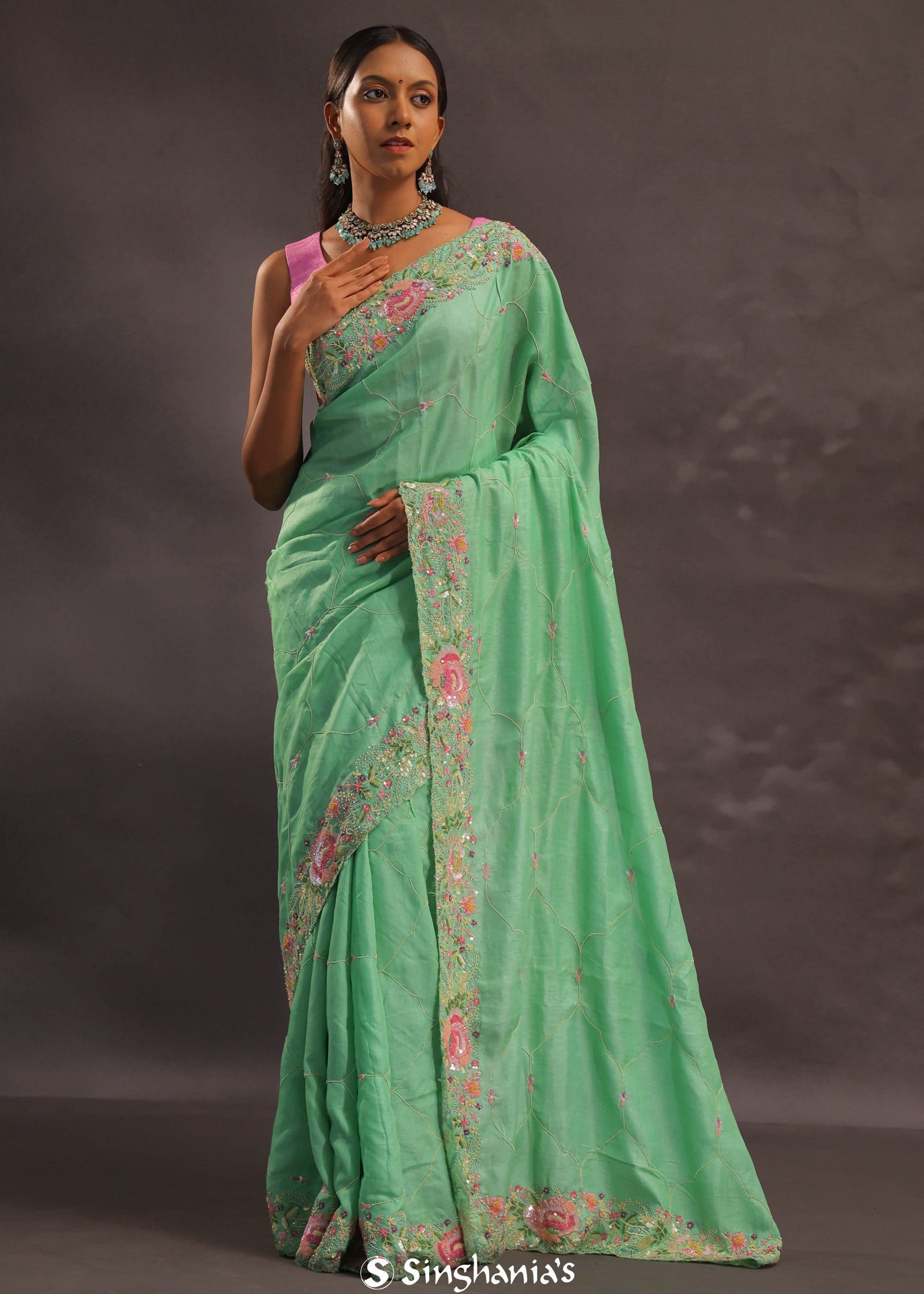 Mint Green Organza Embroidery Saree With With Floral Border