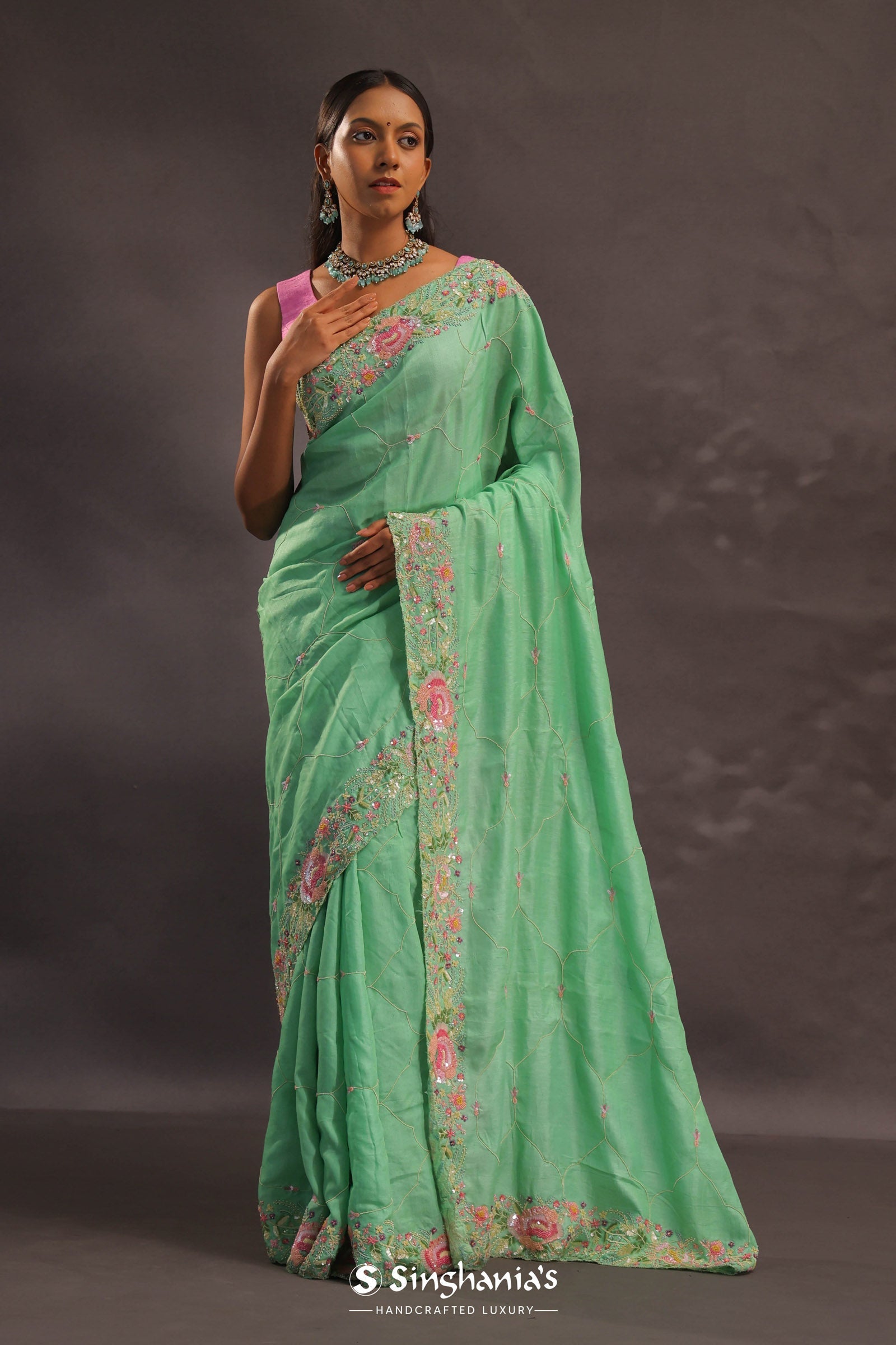 Mint Green Organza Embroidery Saree With With Floral Border