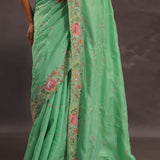Mint Green Organza Embroidery Saree With With Floral Border