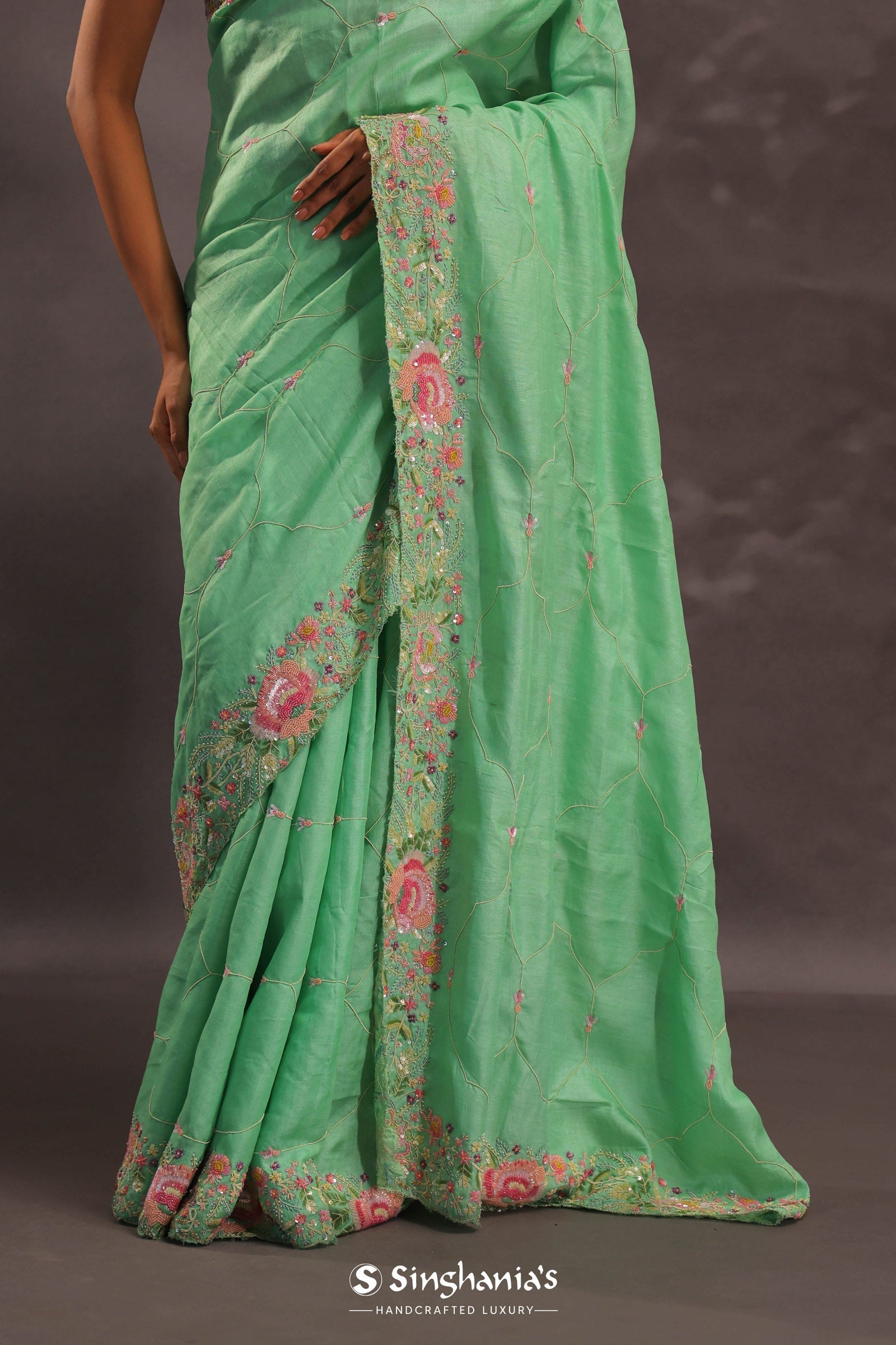 Mint Green Organza Embroidery Saree With With Floral Border