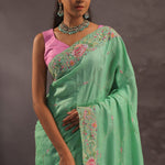 Mint Green Organza Embroidery Saree With With Floral Border