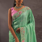 Mint Green Organza Embroidery Saree With With Floral Border