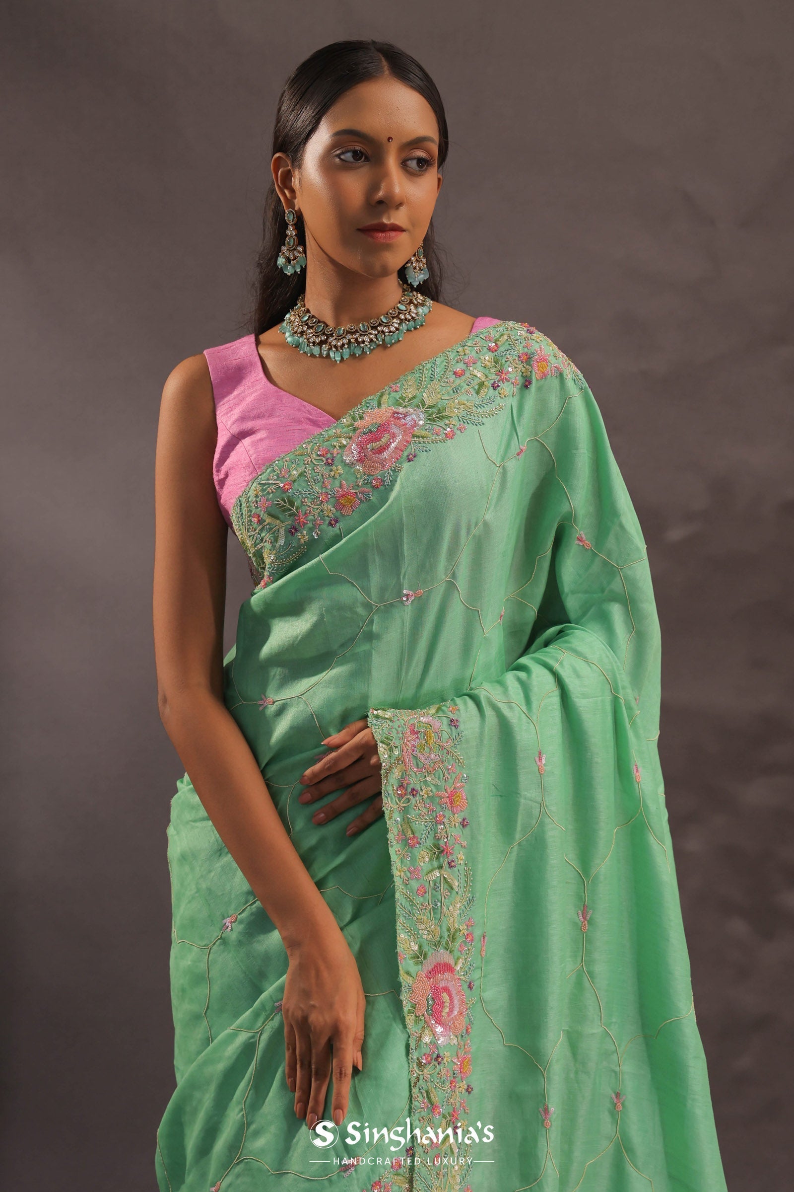 Mint Green Organza Embroidery Saree With With Floral Border