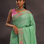 Mint Green Organza Embroidery Saree With With Floral Border