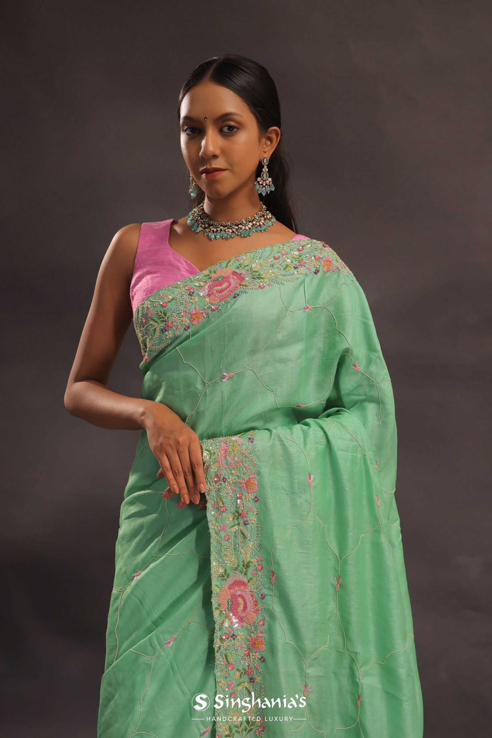 Mint Green Organza Embroidery Saree With With Floral Border