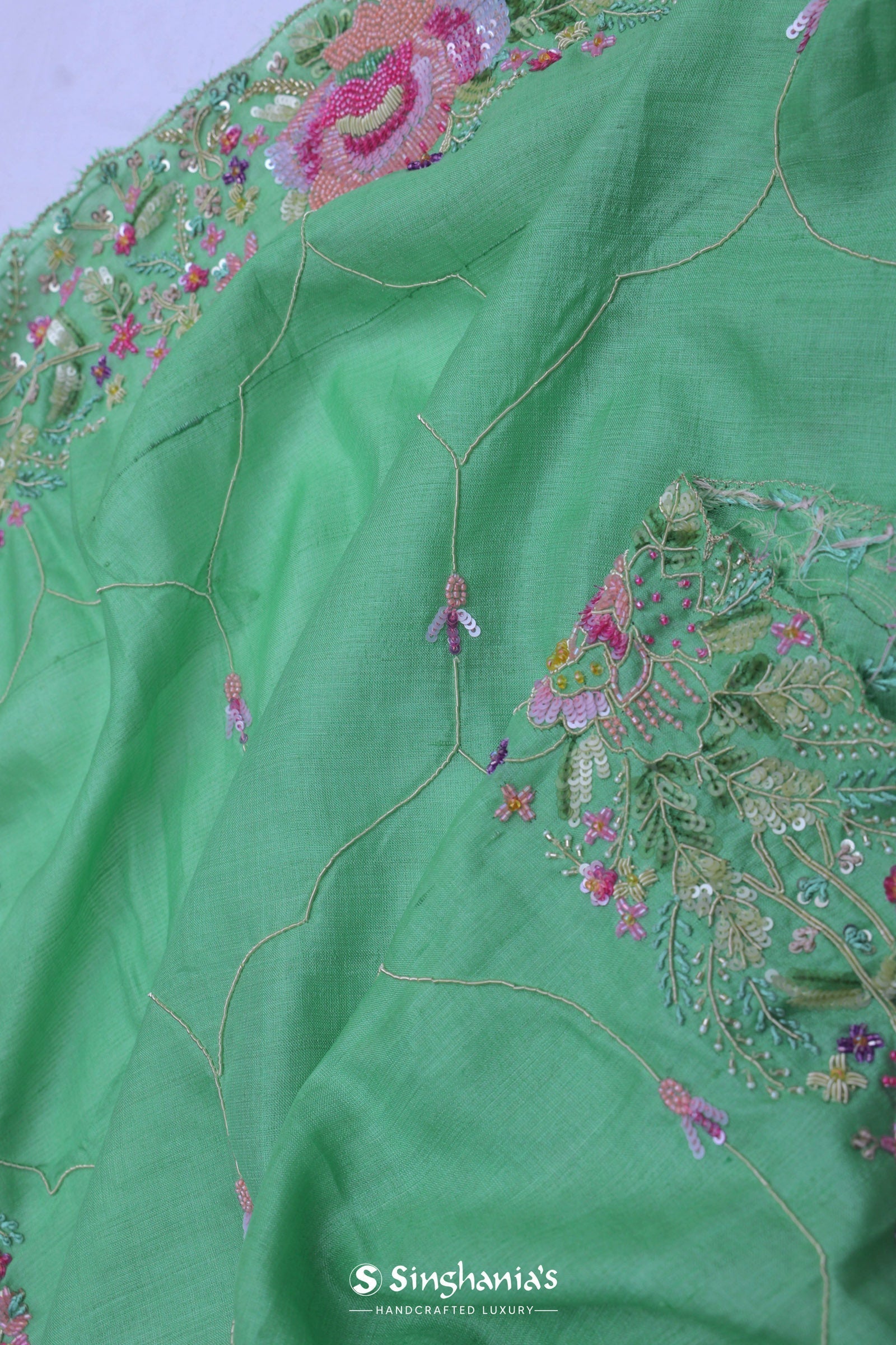 Mint Green Organza Embroidery Saree With With Floral Border