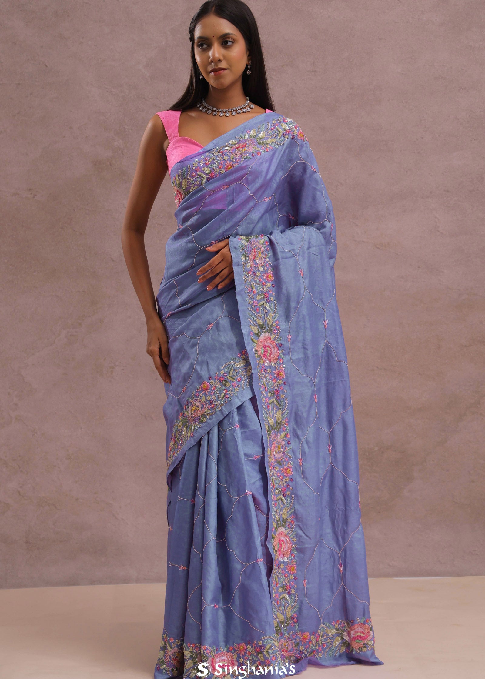 Lavender Blue Soft Organza Saree With Embroidery Work