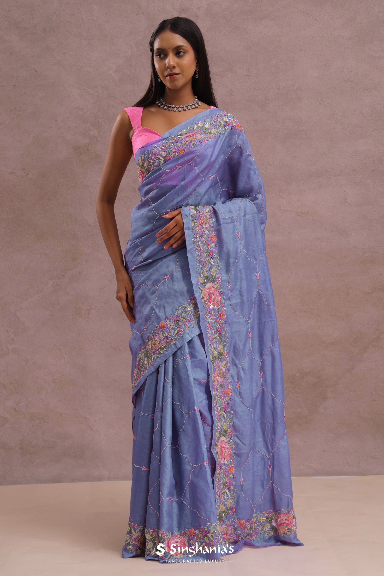 Lavender Blue Soft Organza Saree With Embroidery Work