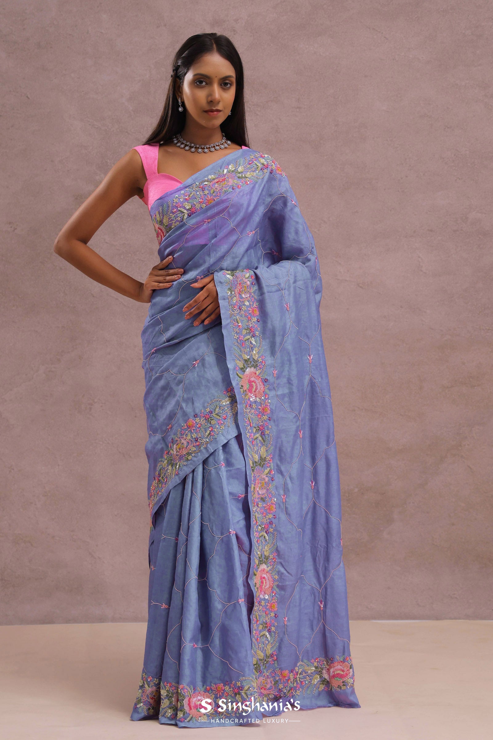 Lavender Blue Soft Organza Saree With Embroidery Work