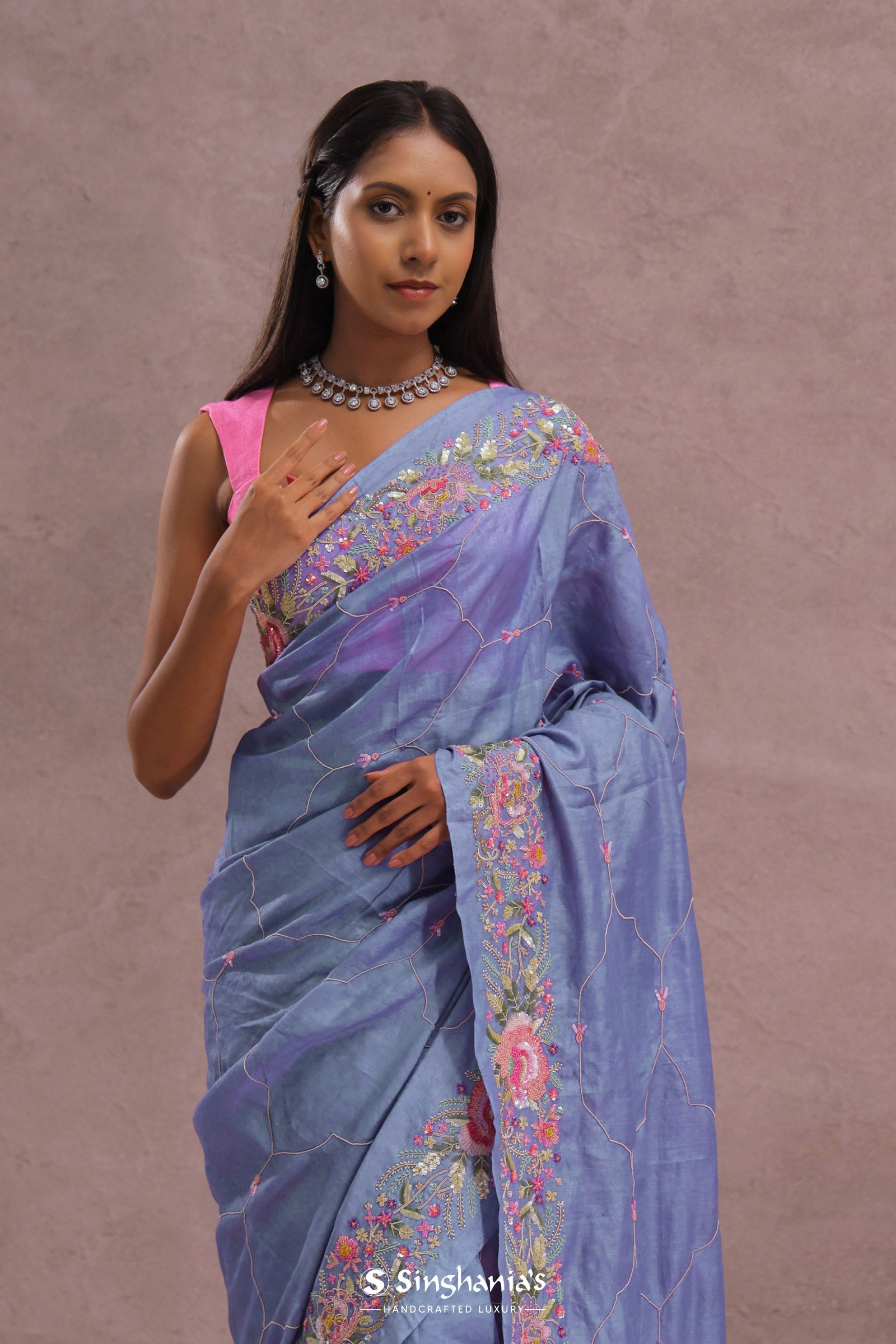 Lavender Blue Soft Organza Saree With Embroidery Work