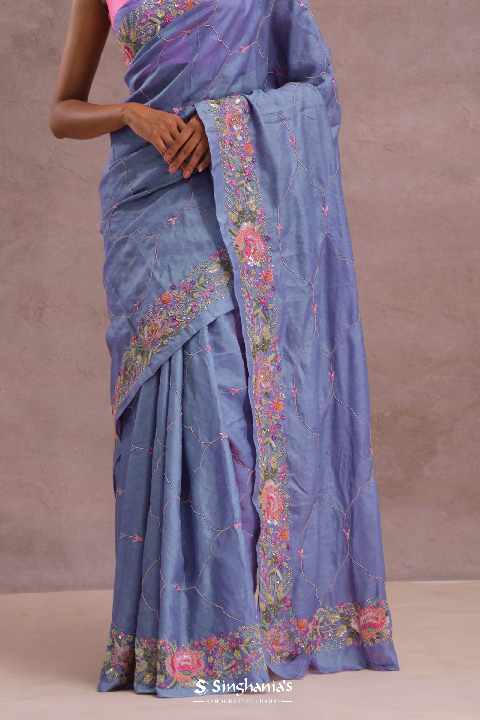 Lavender Blue Soft Organza Saree With Embroidery Work