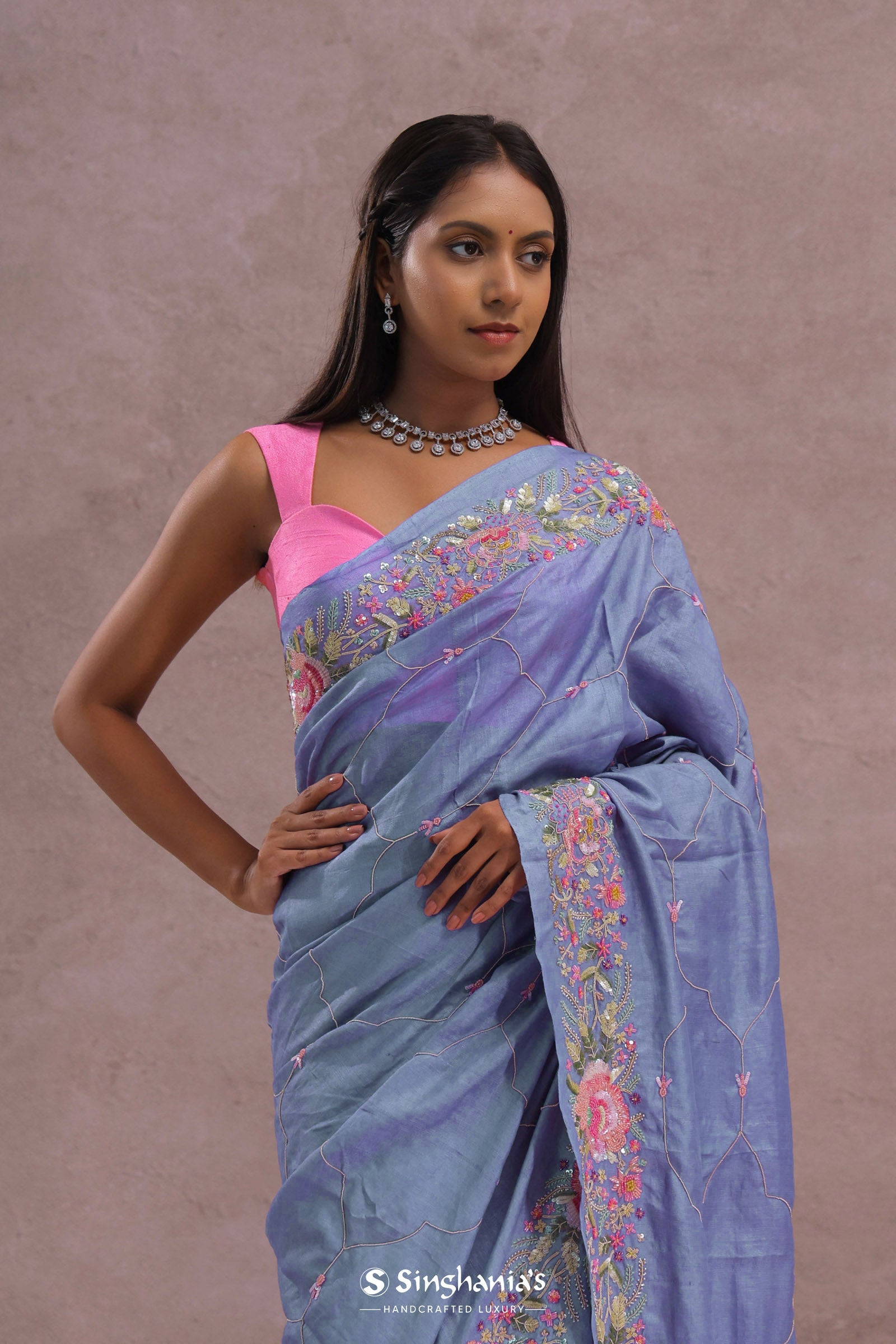 Lavender Blue Soft Organza Saree With Embroidery Work
