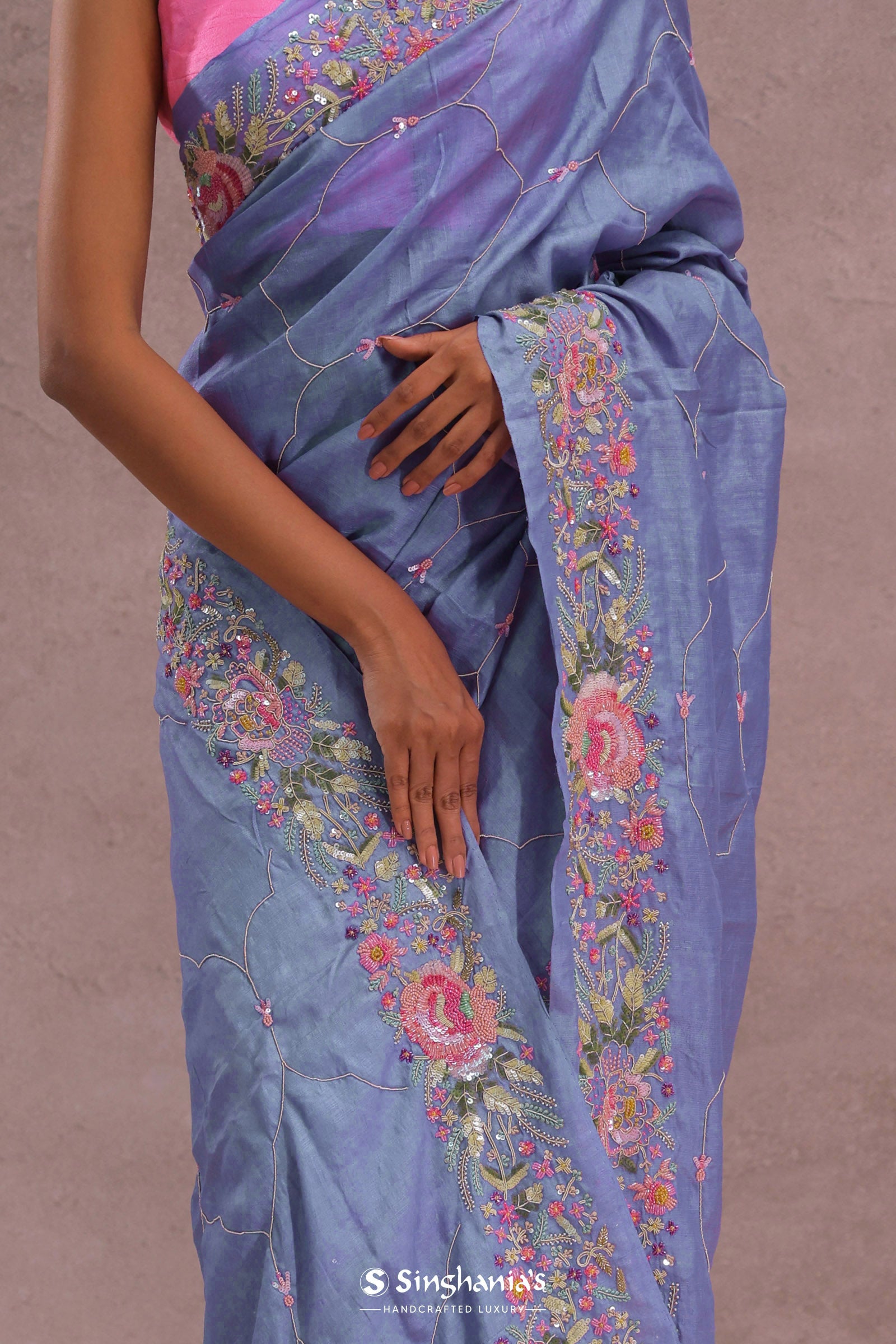Lavender Blue Soft Organza Saree With Embroidery Work