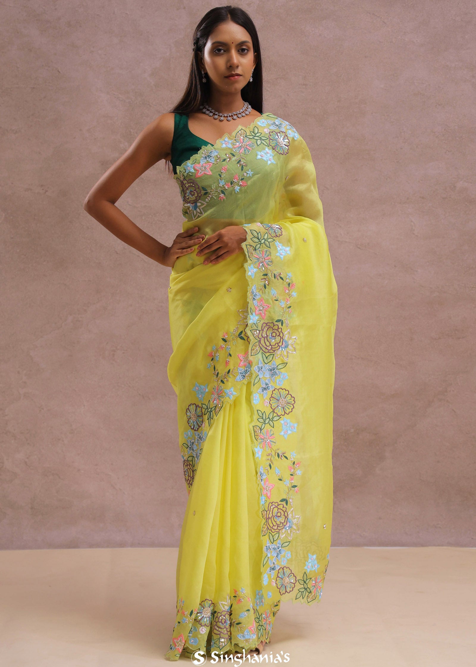 Bright Yellow Organza Saree With Embroidery Work