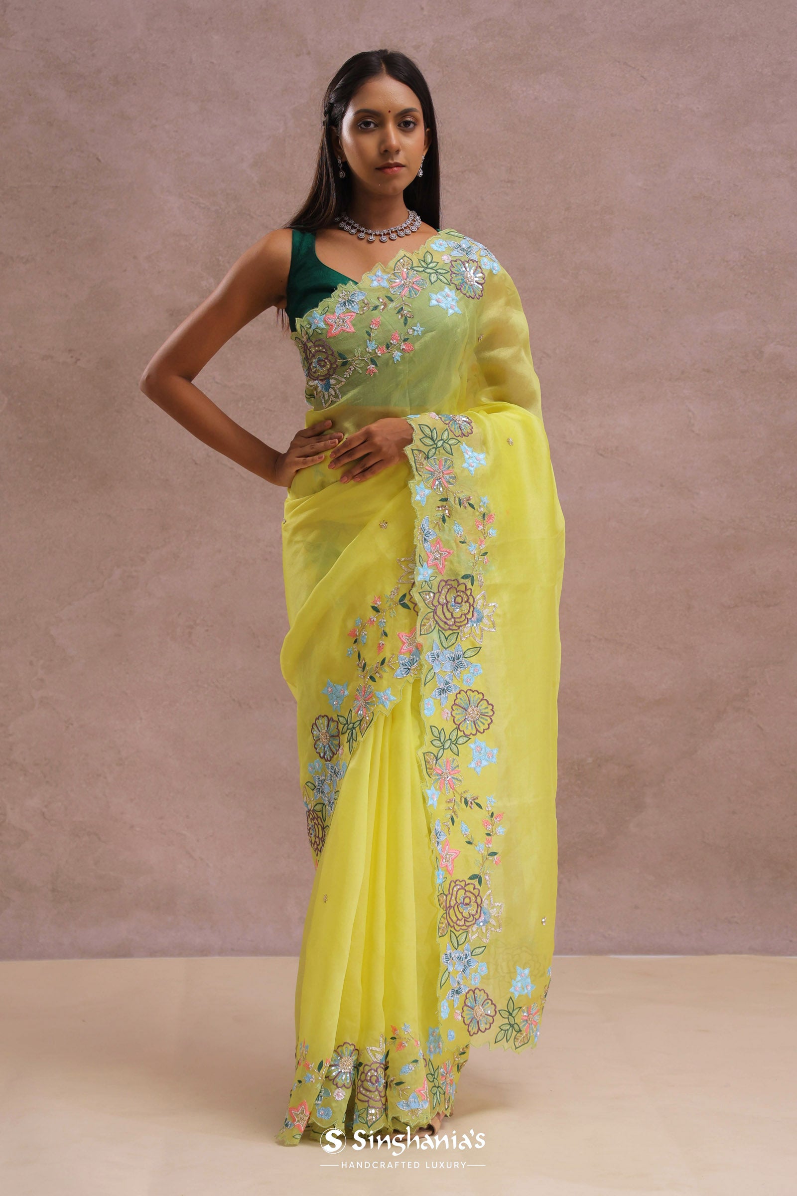 Bright Yellow Organza Saree With Embroidery Work
