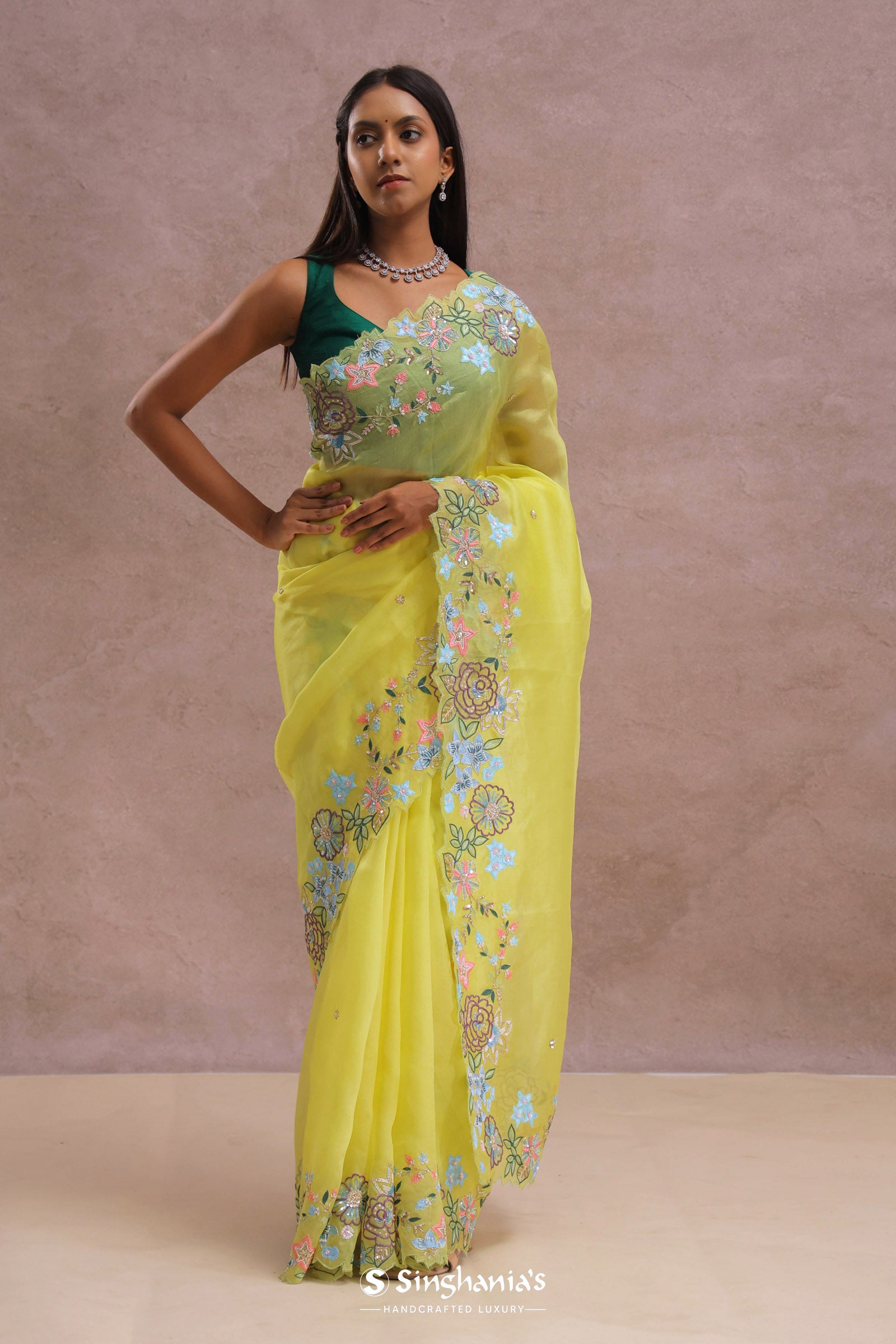 Bright Yellow Organza Saree With Embroidery Work