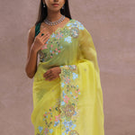 Bright Yellow Organza Saree With Embroidery Work