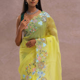 Bright Yellow Organza Saree With Embroidery Work