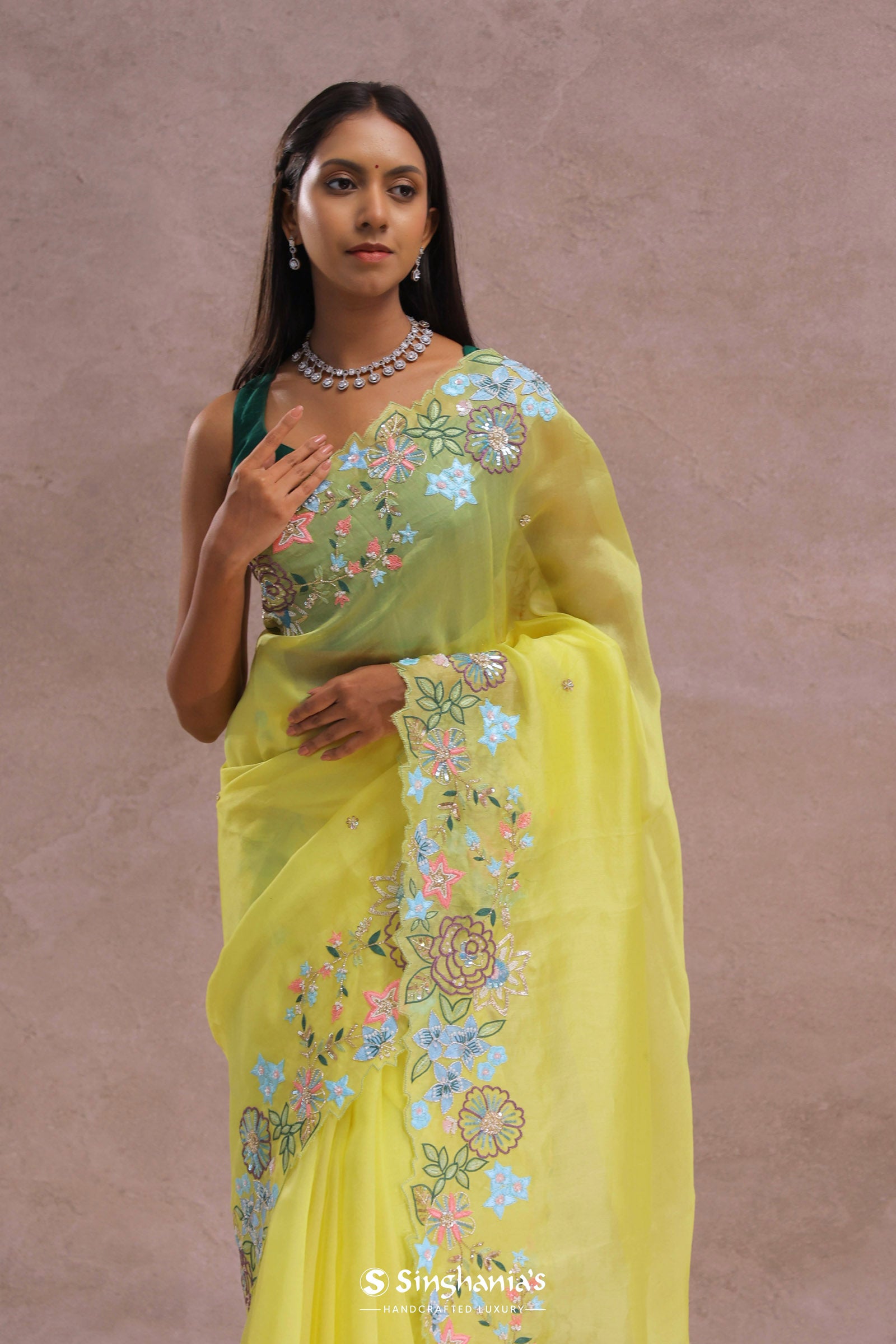 Bright Yellow Organza Saree With Embroidery Work