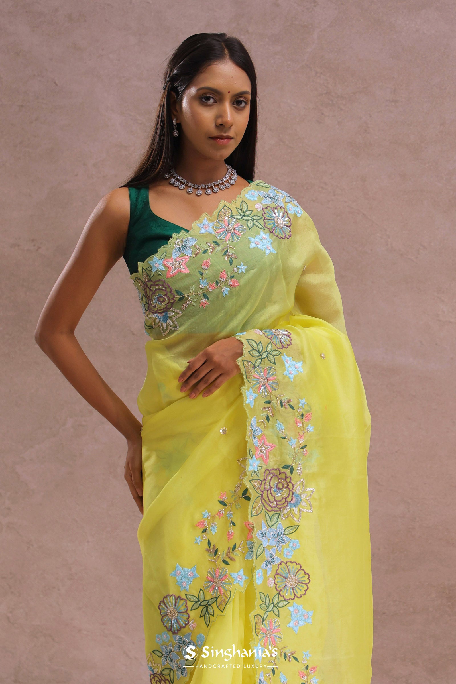 Bright Yellow Organza Saree With Embroidery Work