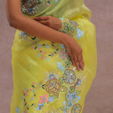 Bright Yellow Organza Saree With Embroidery Work