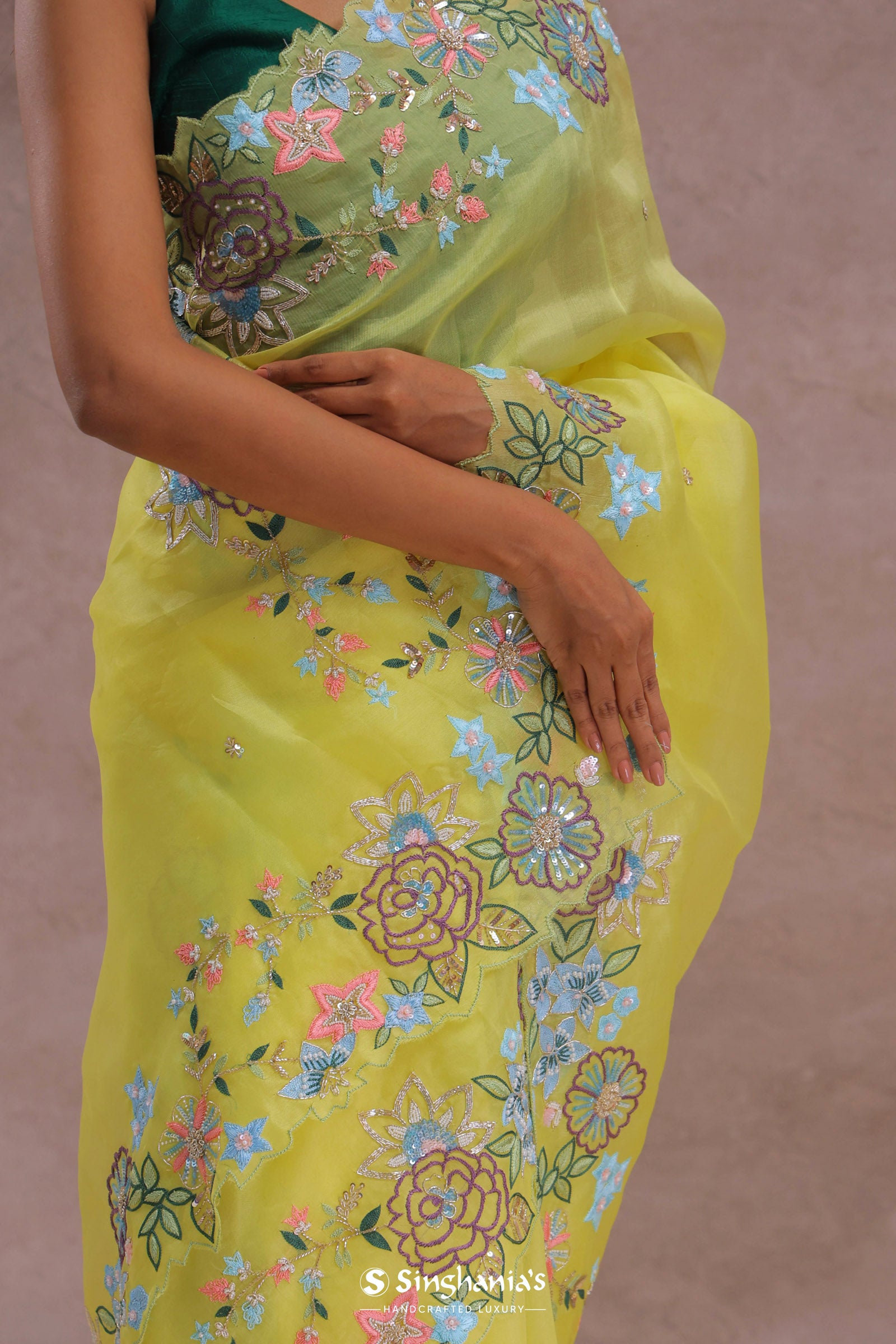 Bright Yellow Organza Saree With Embroidery Work