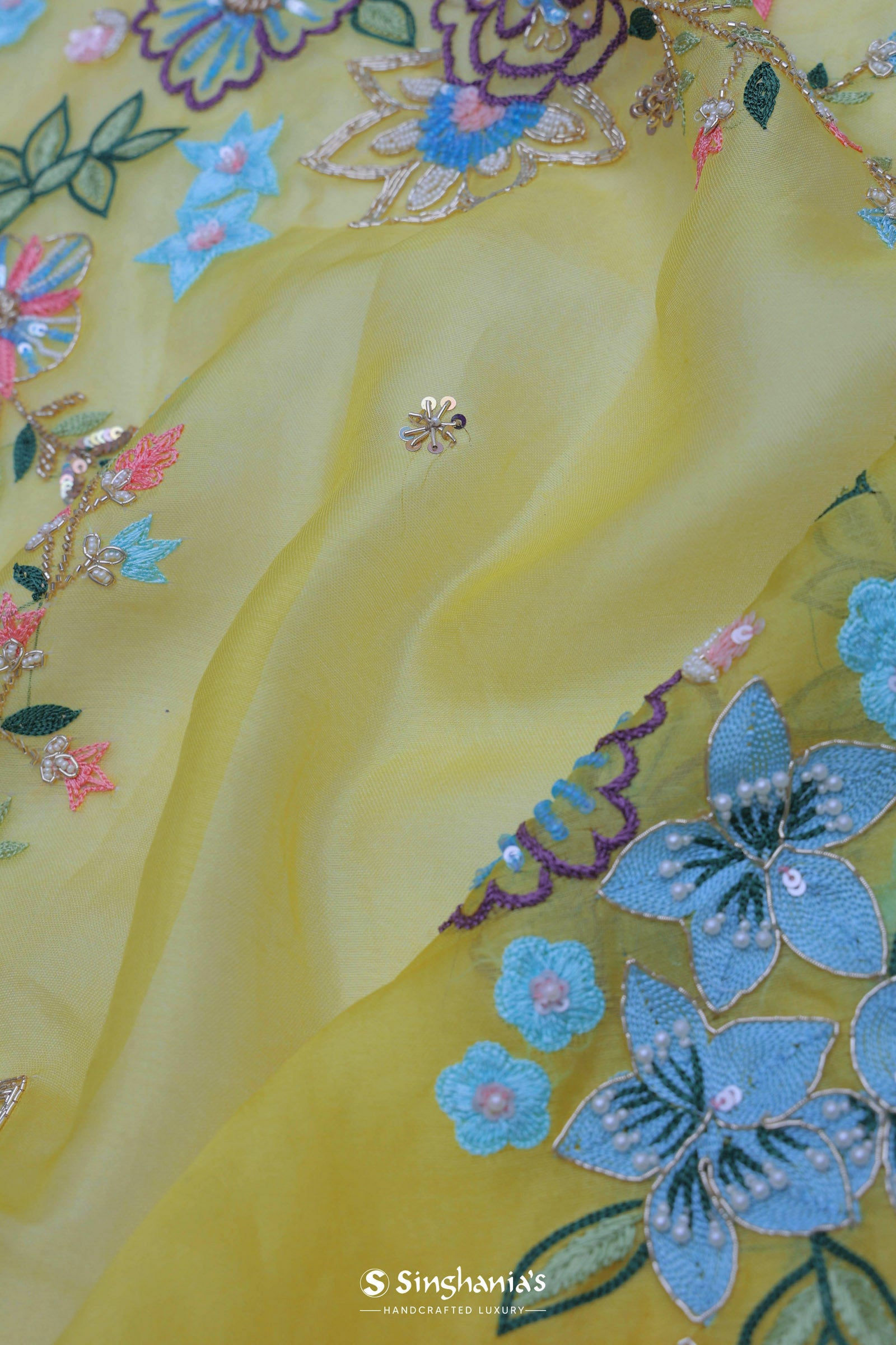 Bright Yellow Organza Saree With Embroidery Work