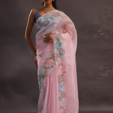 Pastel Pink Organza Embroidery Saree With Floral Scallop Border
