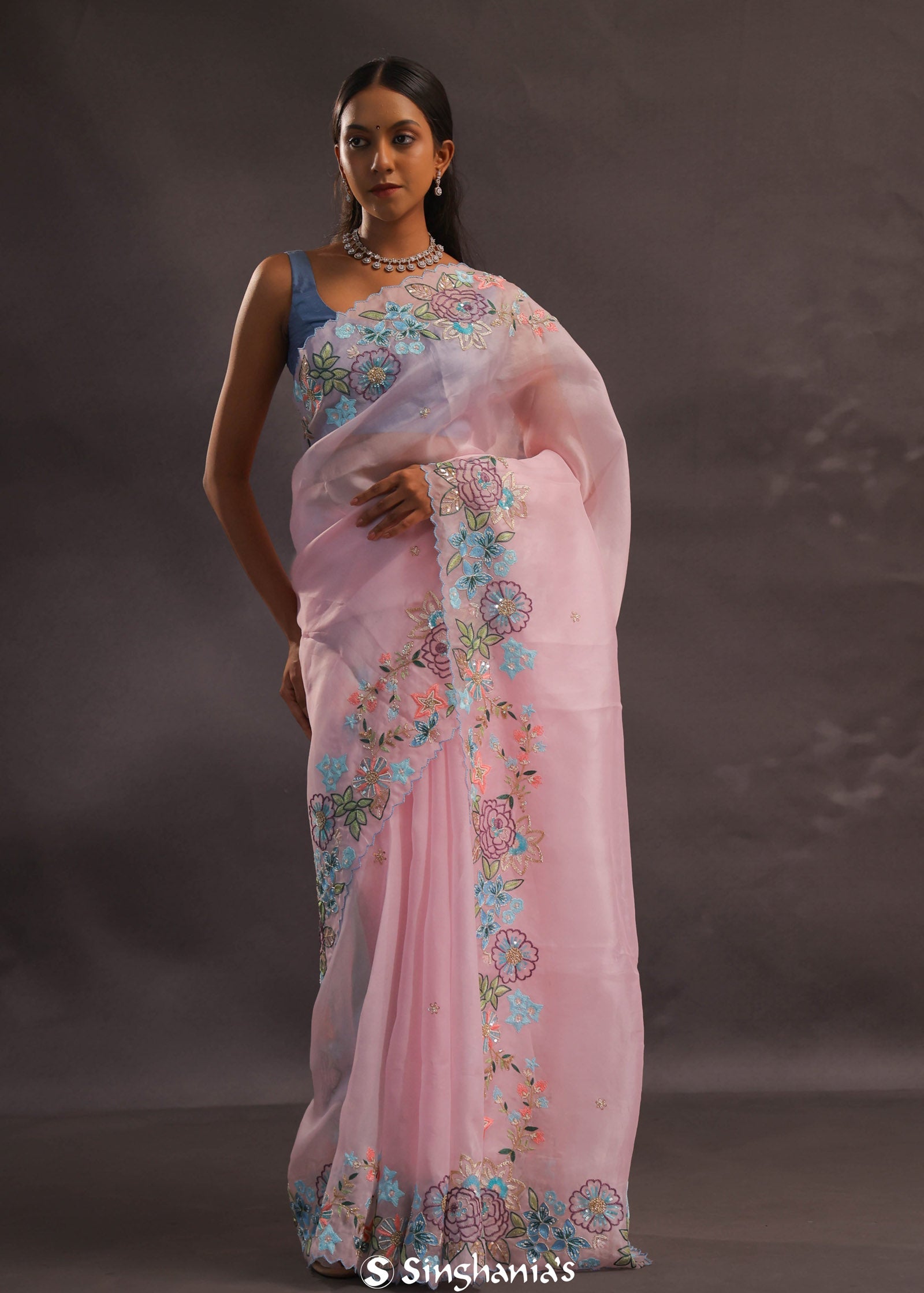 Pastel Pink Organza Embroidery Saree With Floral Scallop Border