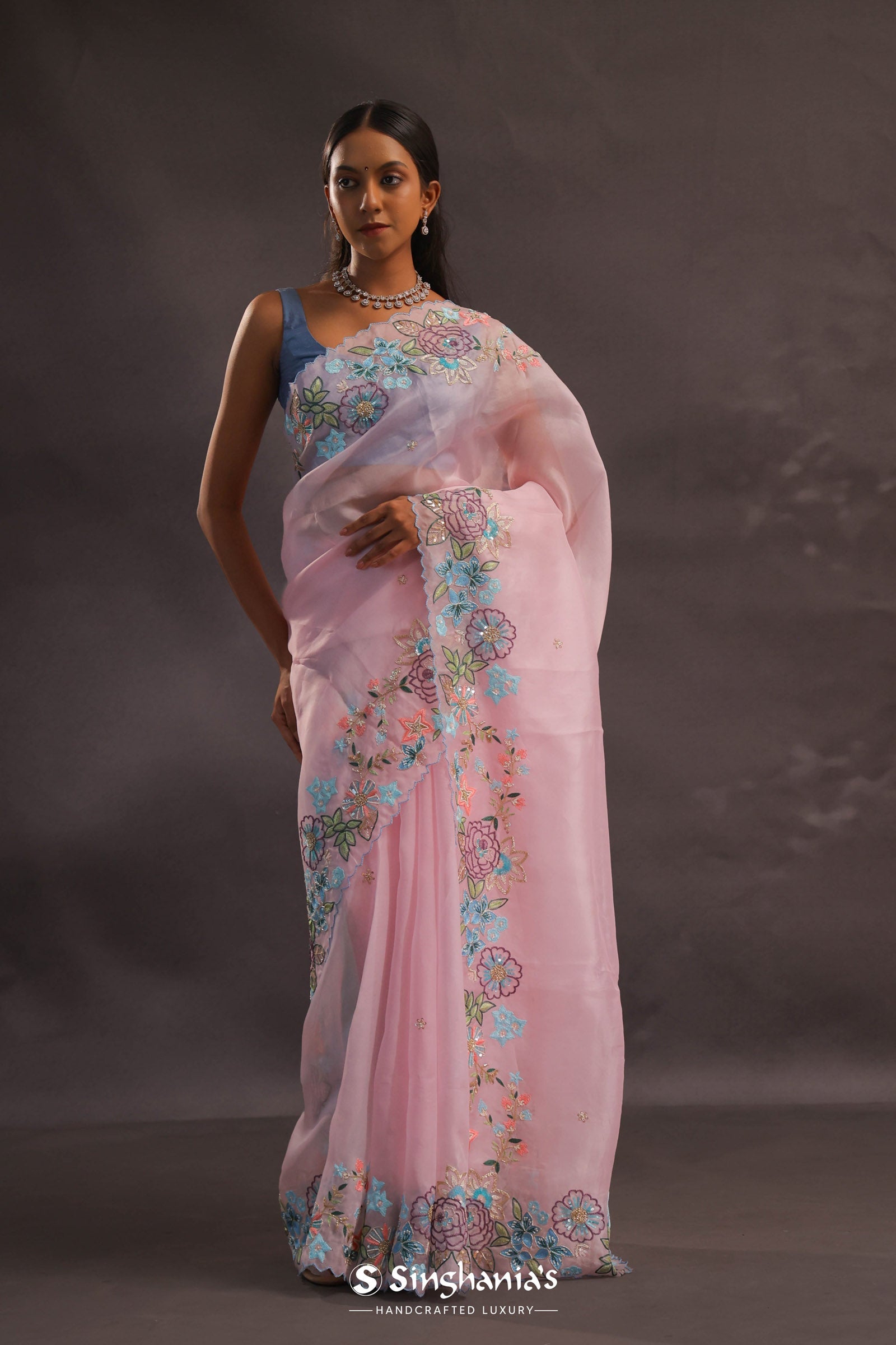 Pastel Pink Organza Embroidery Saree With Floral Scallop Border