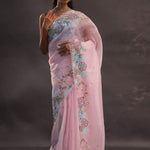 Pastel Pink Organza Embroidery Saree With Floral Scallop Border
