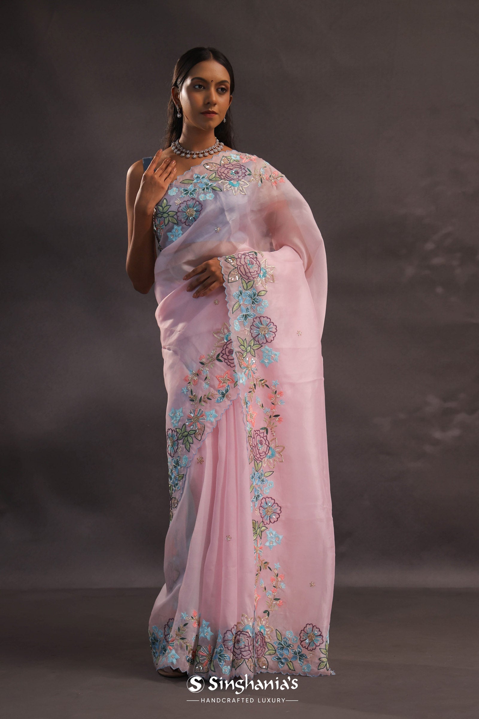 Pastel Pink Organza Embroidery Saree With Floral Scallop Border