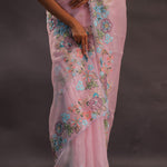 Pastel Pink Organza Embroidery Saree With Floral Scallop Border